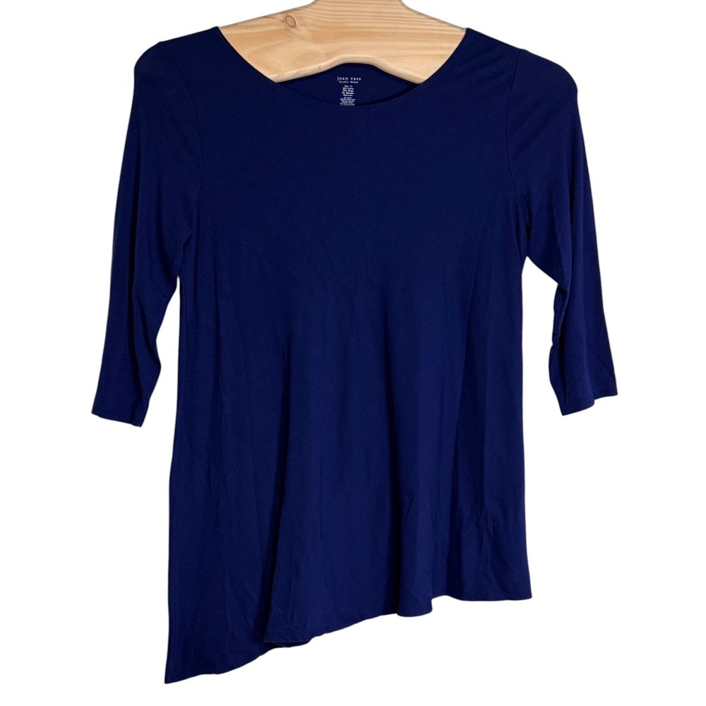 Joan Vass Tunic Top‎ 1X Blue Asymmetrical Hem 3/4 Sleeve Cotton Modal Scoop Neck